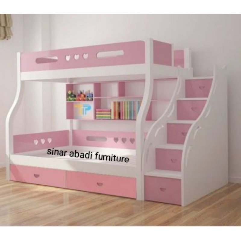 tempat tidur anak tingkat+tangga laci+2laci bawah kasur size 90×200×180