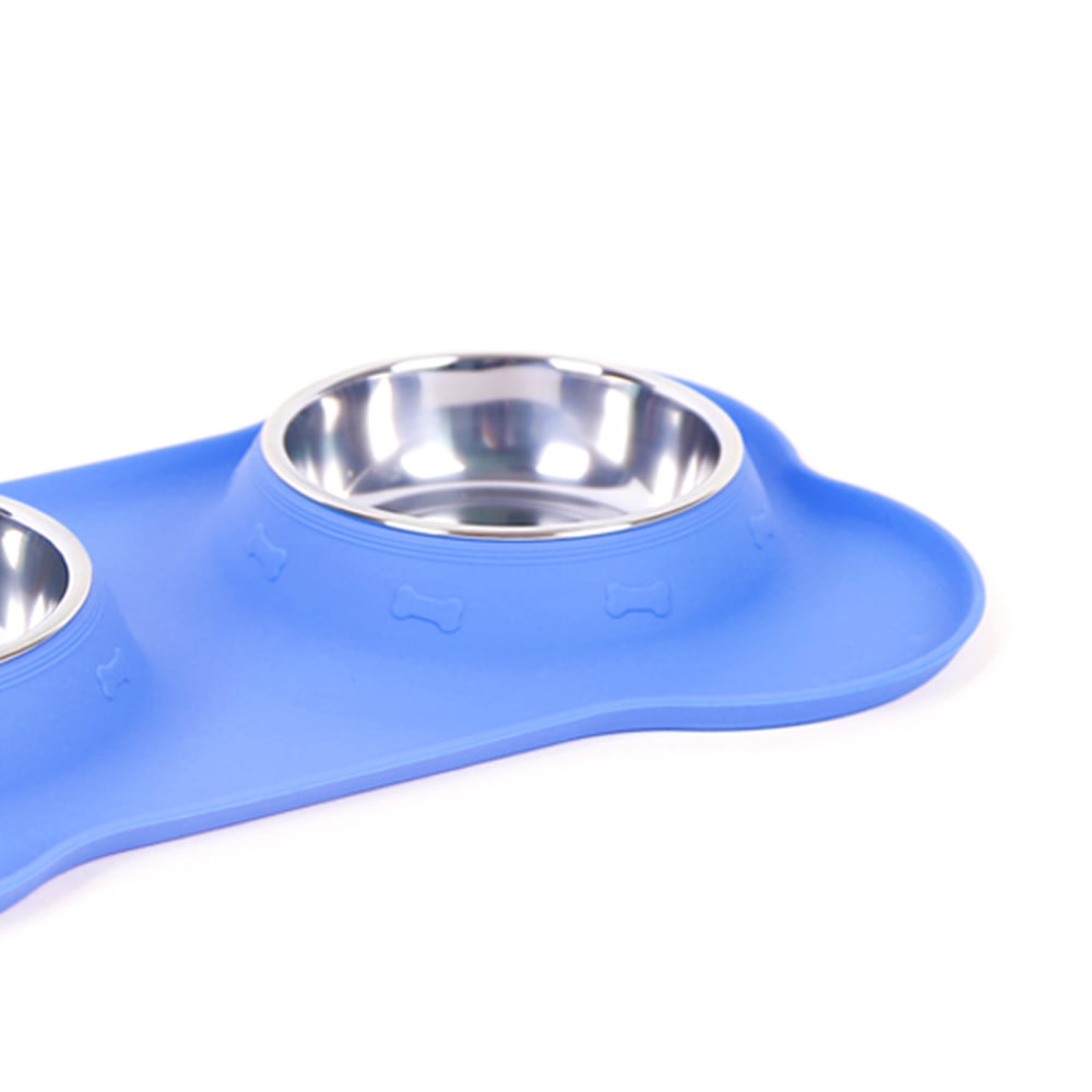 Tempat Makan Hewan Silicone Double Bowl Ukuran S - Biru