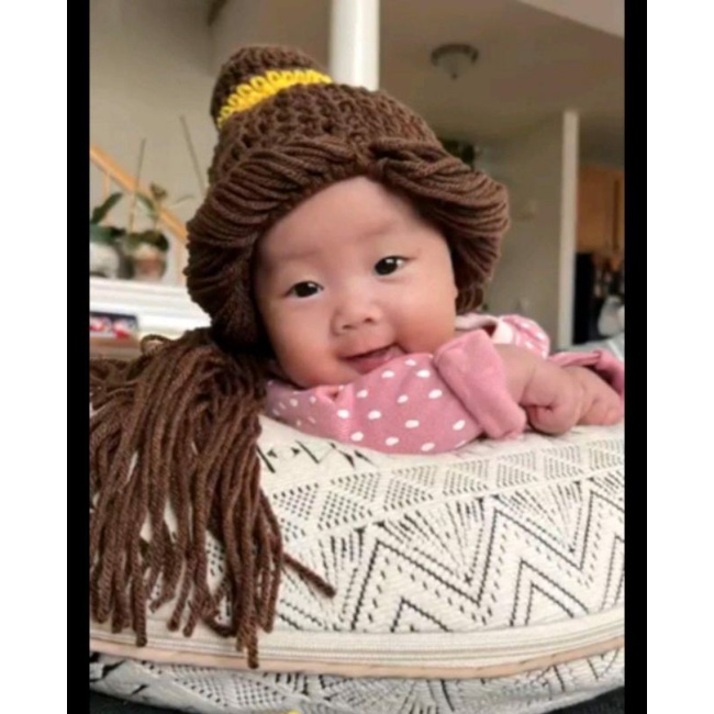 Topi rajut cepol rambut panjang/topi rambut palsu/crochet bucket hat