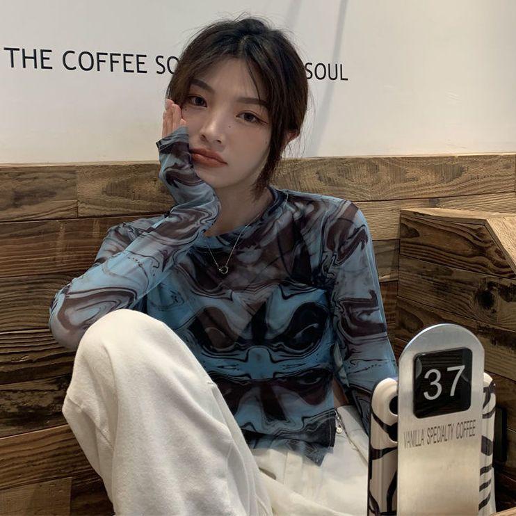 Red Mekar Kepribadian Asimetris Celah Babes Musim Panas Tabir Surya Mesh Lengan Panjang Kemeja T-shirt Pendek Wanita In Top