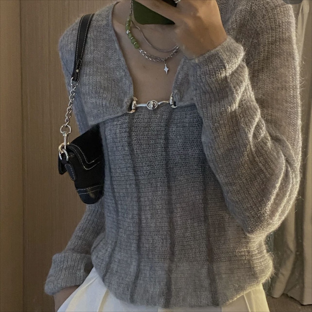 Red Jas dua potong/satu potong musim semi baru slim-fit rajutan sweater bertali selendang wanita Perancis pendek chic top