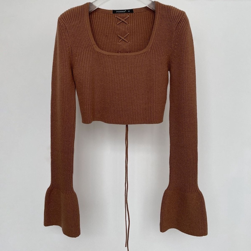 Red Design sense pure desire pendek kerah persegi lengan terompet dasi belakang rajutan sweater slim cropped sweater atasan wanita