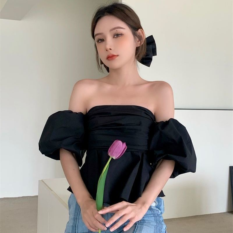 Red 2023 musim panas baru gaya Korea desain engah lengan one-shoulder tipis all-match tube top kemeja top fashion wanita