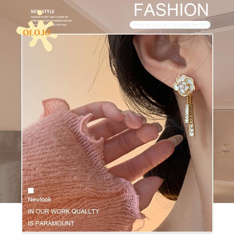 [Olojo.id] Camellia Flash Berlian Anting Rumbai Temperamen Lembut Rasa Elegan Anting Panjang