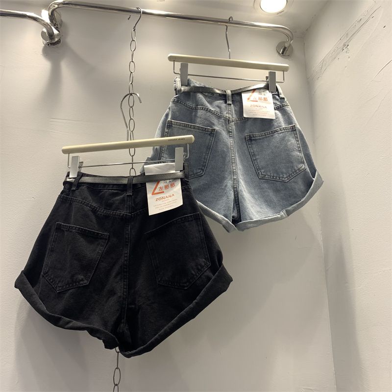 Red Korea Dongdaemun 2023 Musim Semi dan Musim Panas Baru Fashion Longgar dan Tipis dengan Sabuk Curling Kaki Lebar Pinggang Tinggi Celana Pendek Denim wanita