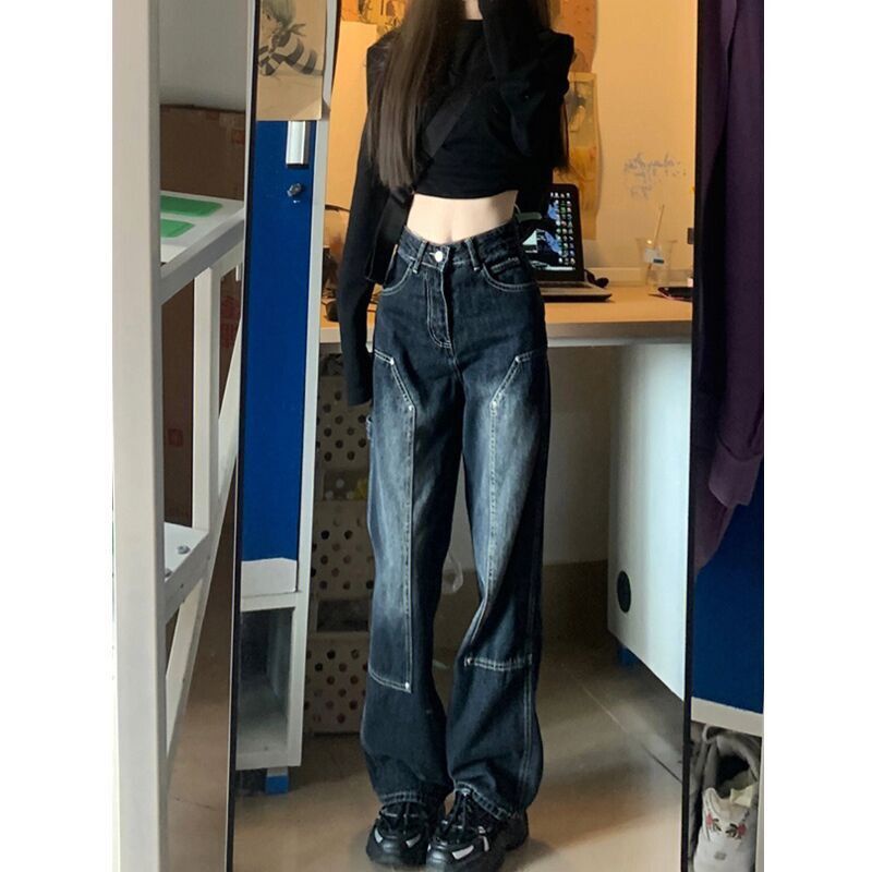 Red American retro jeans wanita musim semi dan musim panas high street in high waist loose straight slim flared pants sedikit flared wide leg pants