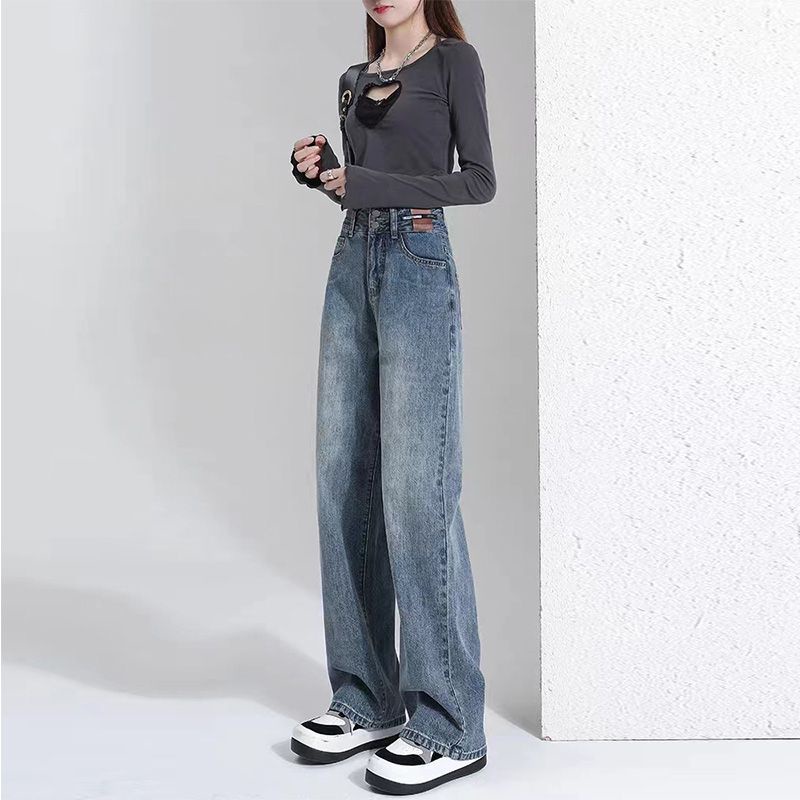 Red Celana jeans kaki lebar berpinggang tinggi wanita 2023 musim semi dan musim panas baru kaki lurus longgar versi ramping dan sempit menggantungkan celana mengepel lantai