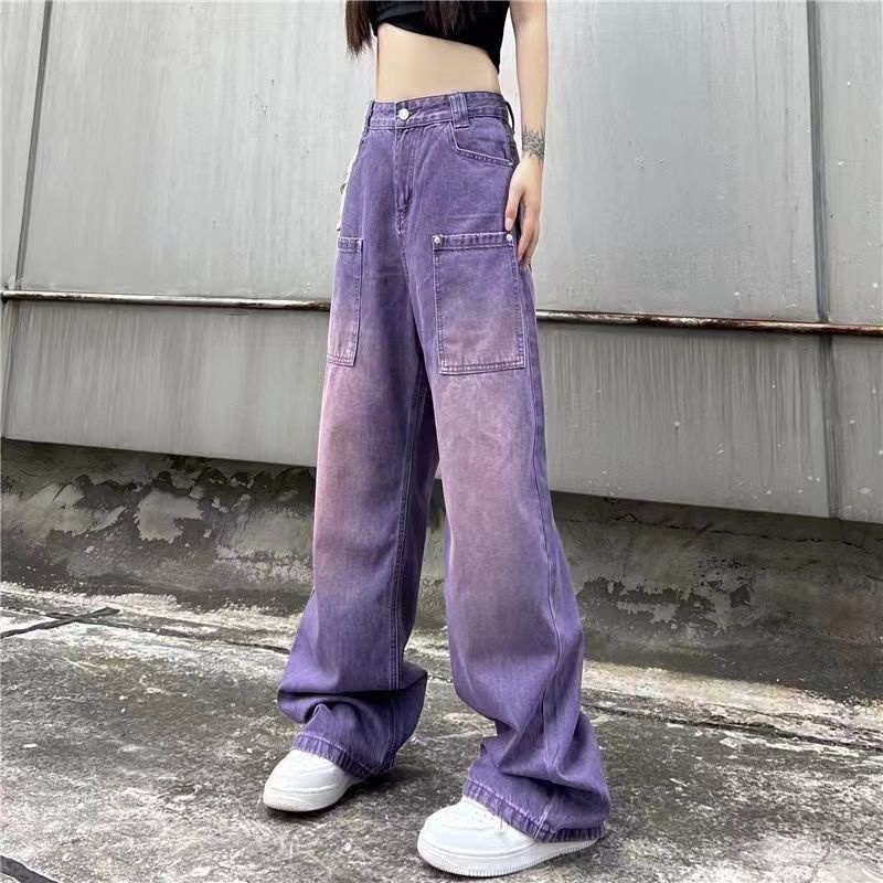 Red Tide brand American high street retro jeans ungu dicuci longgar trendy slim straight wide leg pants ukuran besar celana panjang