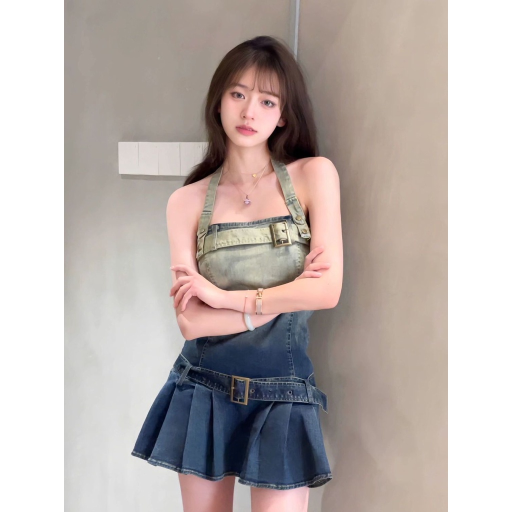 Red American hot girl gradient design denim dress female 2023 summer new slim slim lipit rok pendek