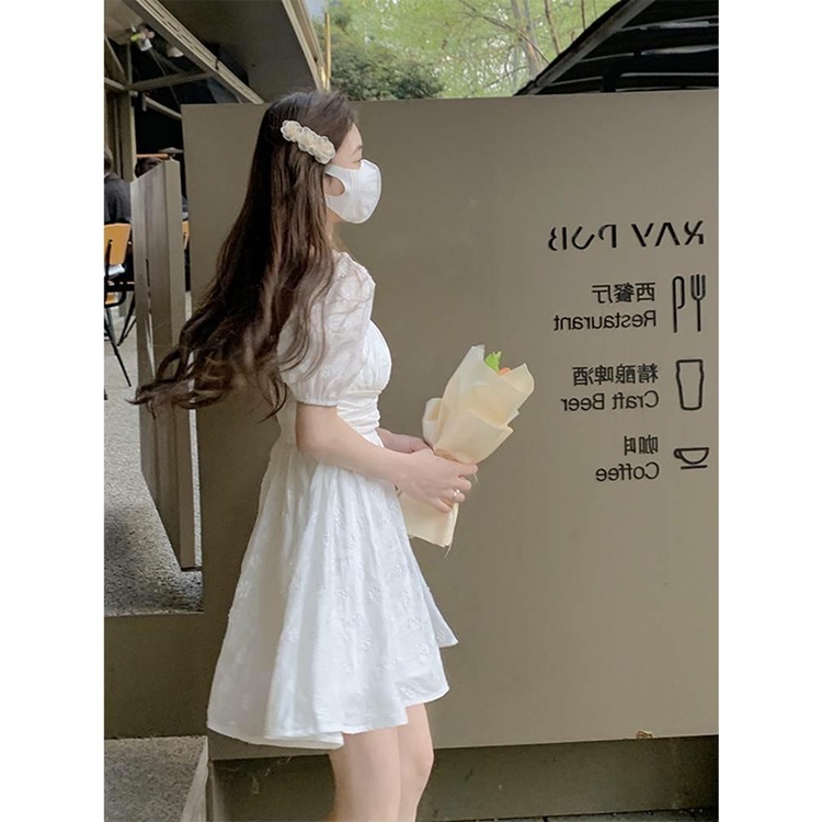 Red Gaun lengan pendek lengan engah Prancis wanita musim panas bagian tipis pinggang pelangsing putih rok pendek yang indah cinta pertama rok istirahat teh