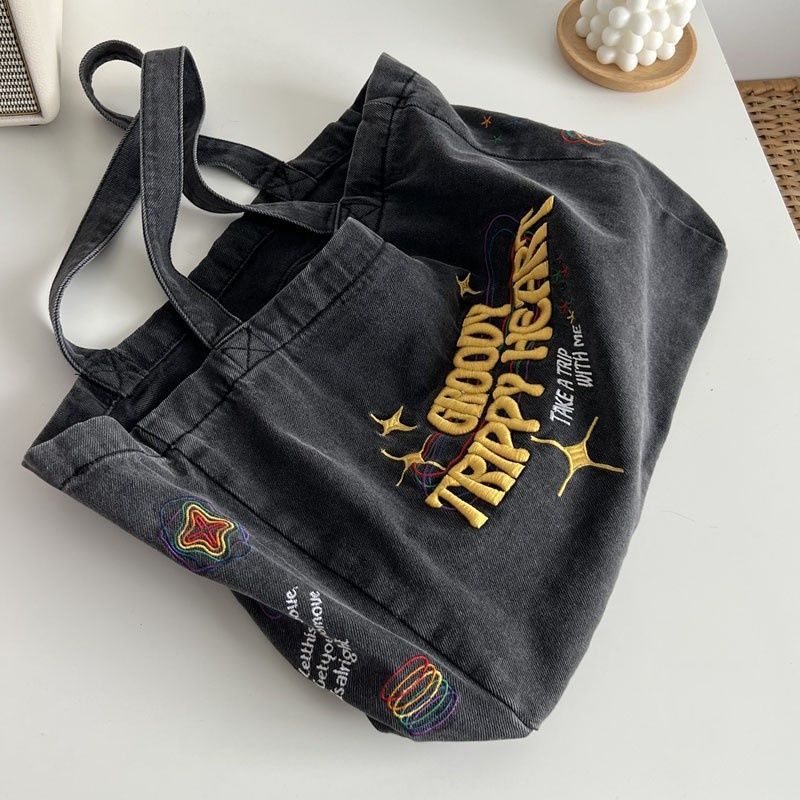 ✈Sera Tidak Ingin Menganggur Amerika Retro Denim Kanvas Tas Kapasitas Besar Bordir Tas Bahu Mahasiswa All-Match Tas Tangan