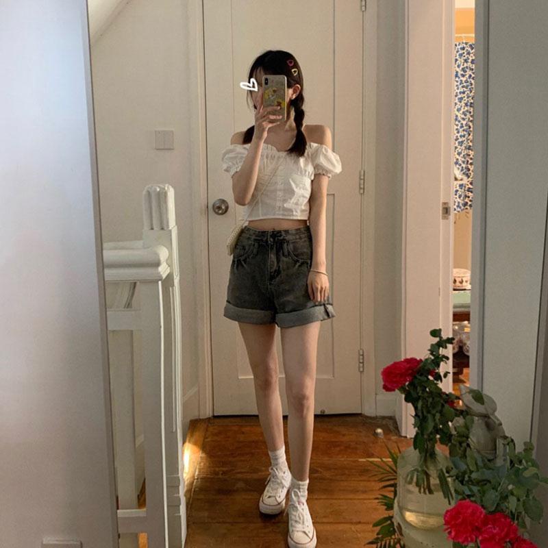 Red French retro puff sleeves elegant style short first love square collar single-breasted doll shirt slim top shirt popular