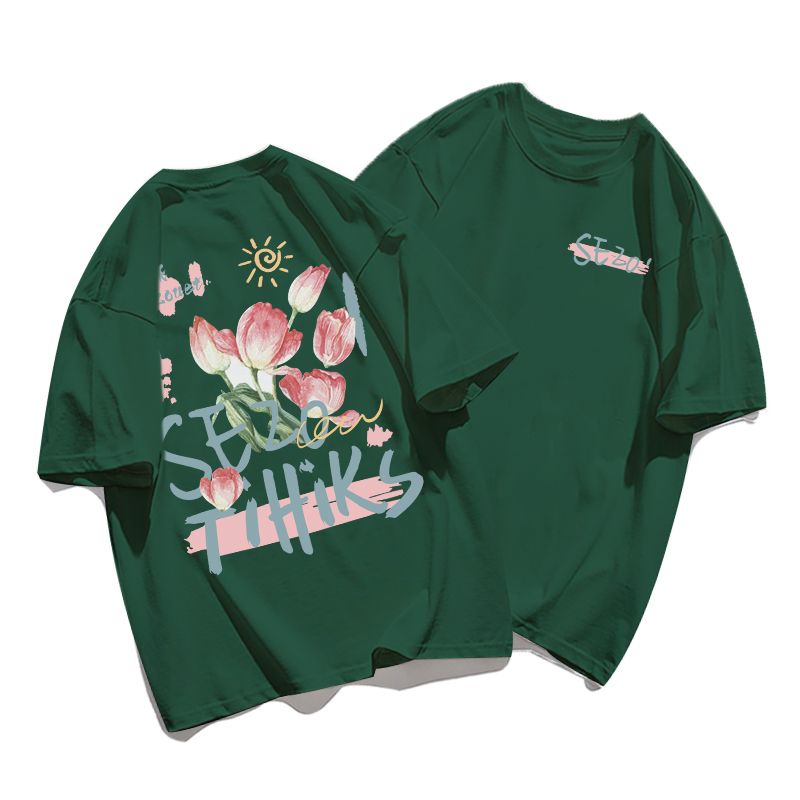 Red 100% Katun Berat 230G Putih Putih Gaya Amerika Tipis Lengan Pendek T-shirt Wanita Oversize Rose Top