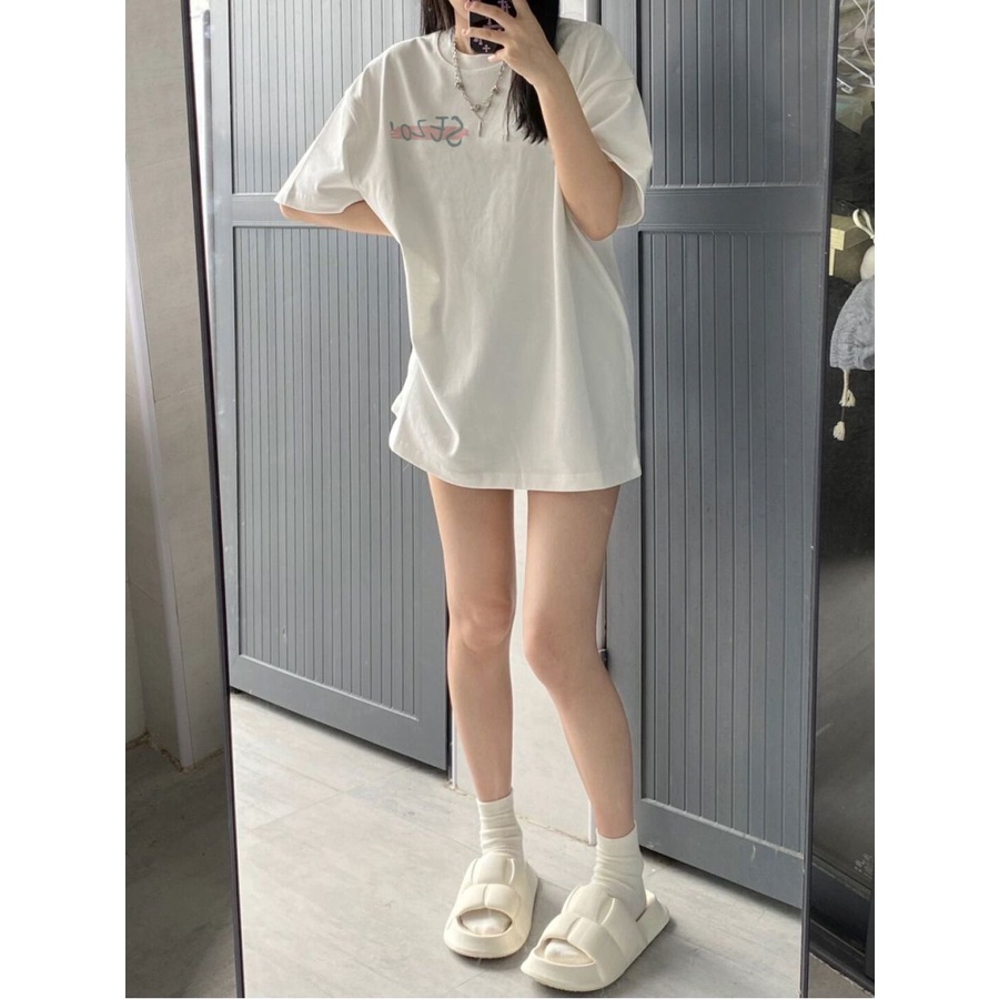 Red 100% Katun Berat 230G Putih Putih Gaya Amerika Tipis Lengan Pendek T-shirt Wanita Oversize Rose Top