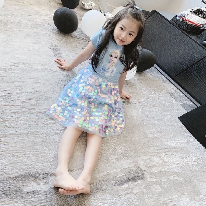 Elsa Sequin Dress. Baju Anak Cewek Frozen Biru Pink Princess Casual