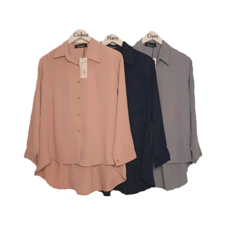 kemeja atasan wanita polos lengan panjang warna hitam, maroon, grey, putih, milo, salem army