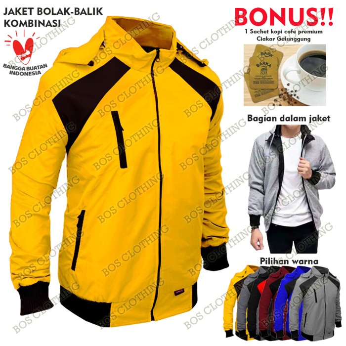 Bayar di Tempat Jaket Hoodie Kombinasi Bolak Balik Pria / Jacket Wanita / Jacket Motor - Kuning, M-L