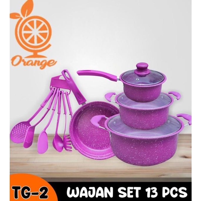 Panci Set Teflon Marble 13 pcs Cookware Set Tutup Kaca merk orange