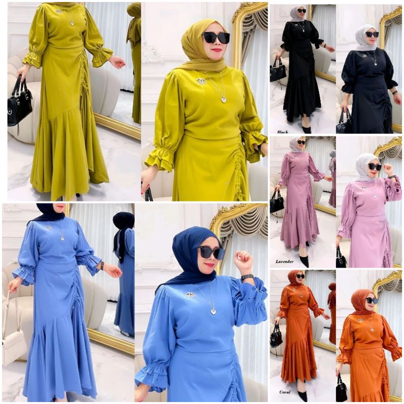 Marlin scallop set dress dan outer panjang/setelan long tunik muslimah/busana fashion hotd now