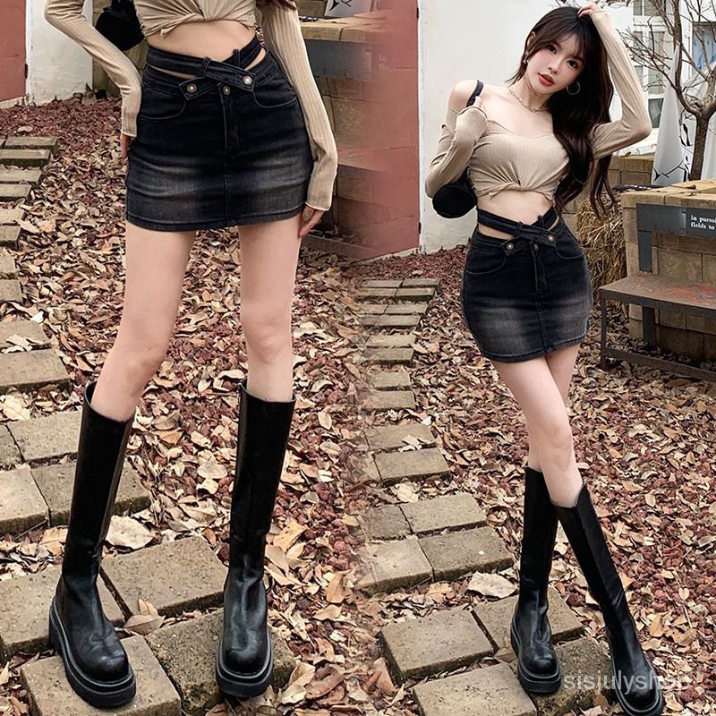 [✅BISA COD] #Sisjuly# Celana pendek denim wanita / Rok setengah badan denim pinggang tinggi silang A