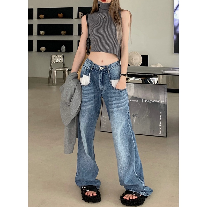 Retro lurus jeans wanita musim semi rasa desain kecil ceruk tinggi pinggang longgar lebar kaki celana mengepel celana