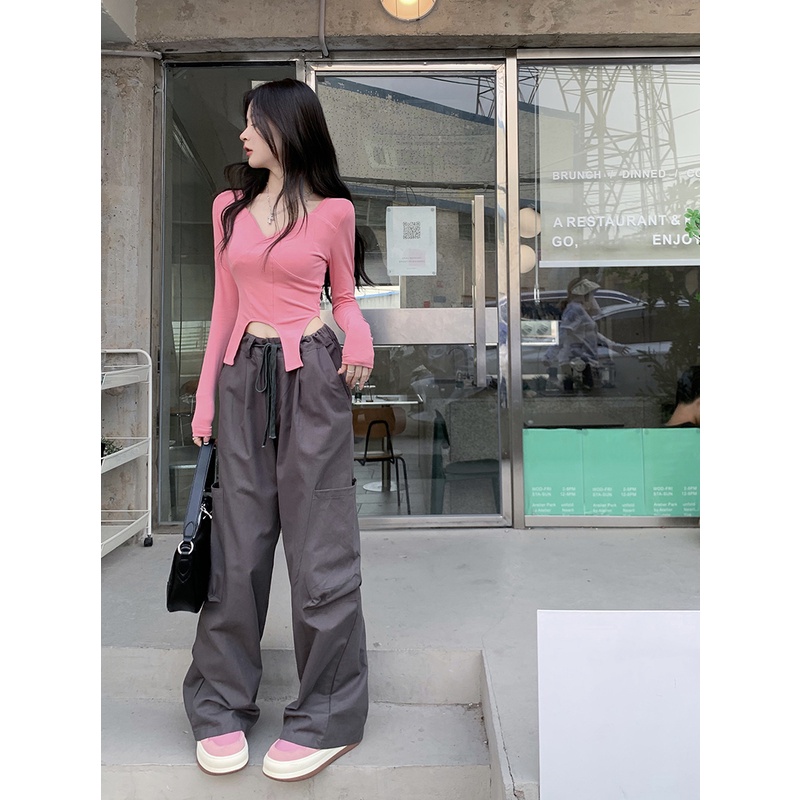 Sweet cool hot girl American retro tooling casual pants women s spring pink high waist loose straight wide leg pants trousers