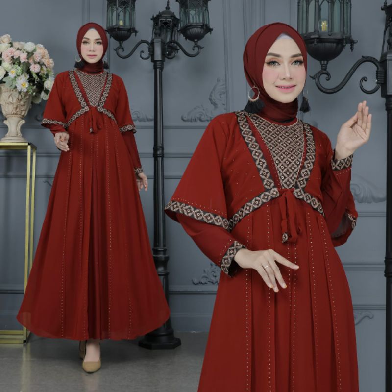 GAMIS ABAYA TURKEY BORDIR NADINE COKLAT SILVER