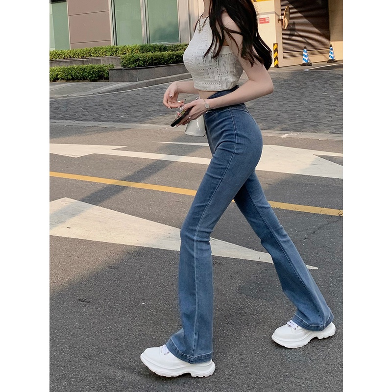 Gaya Hong Kong Retro Jeans Wanita Musim Panas Pinggang Tinggi Diri Budidaya Slim Mikro Berkobar Celana Bagian Tipis Mengepel Berkobar Horseshoe celana