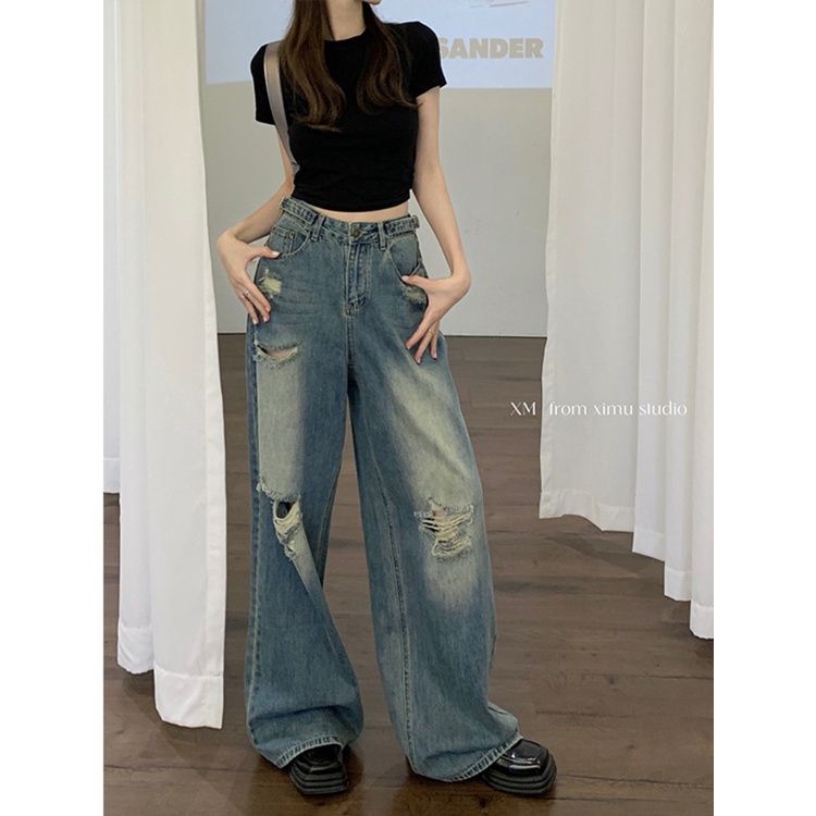 American retro ripped jeans wanita musim panas pasang tinggi pinggang longgar lurus lebar kaki celana mengepel celana