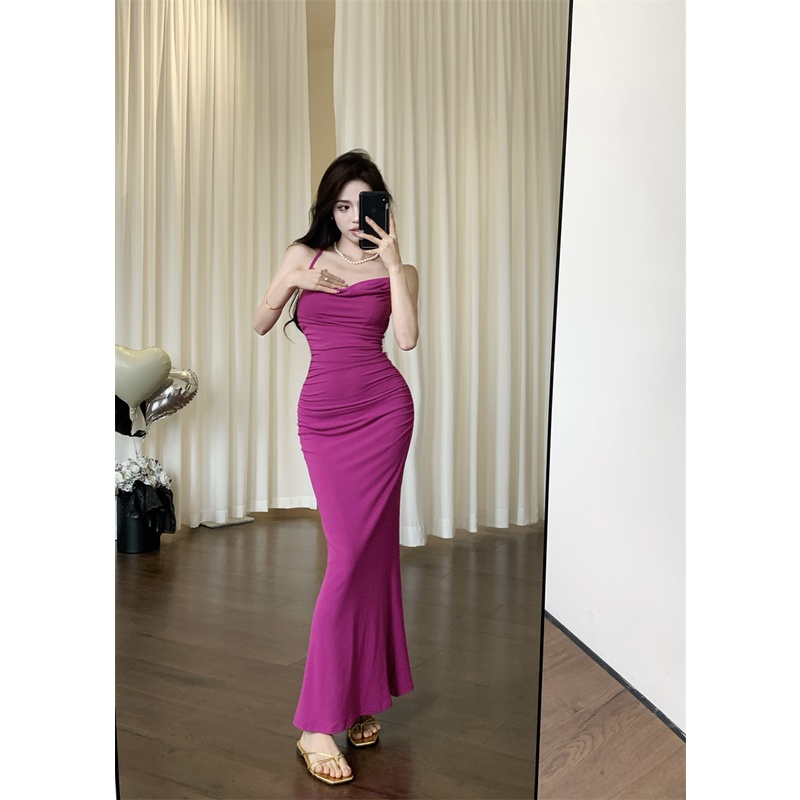 ❦⊕Rose pink suspender dress wanita musim panas pinggang slim fishtail rok panjang gaya keinginan murni hot girl ketat tas pinggul rok