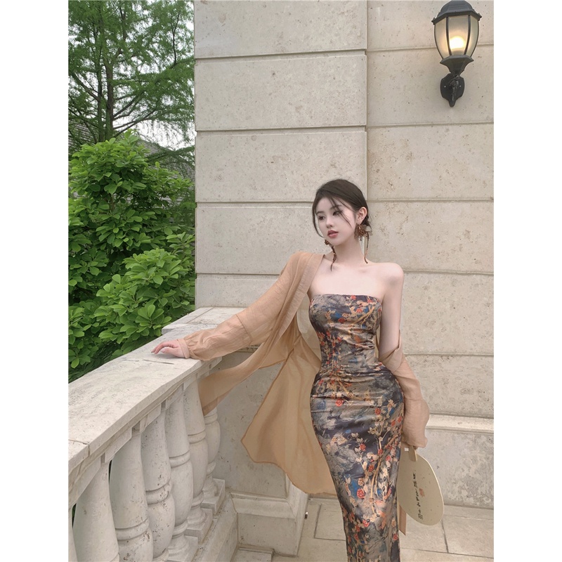 ■✾Zen Cina baru ditingkatkan cheongsam tube top dress wanita musim panas retro pinggang tas pinggul dress temperamen rok