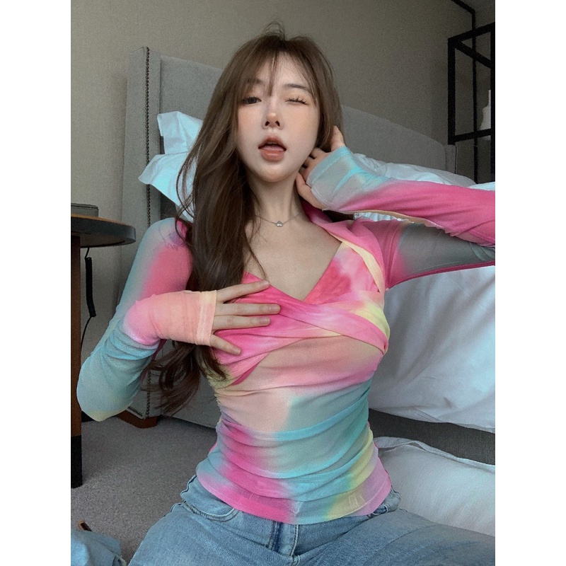 ♧▬◈#COD Suhao Hot Girl Tie-Dyed Mesh V-Leher Lengan Panjang T-shirt Wanita Musim Panas 2023 Perspektif Baru Slim Seksi ketat Tipis Top