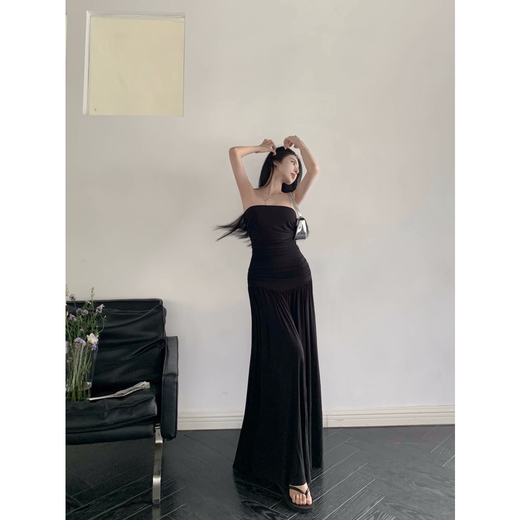 ◎Gaya Perancis hitam one-shoulder tube top dress wanita musim panas keinginan murni rok pinggang seksi slimming slim mid-length rok