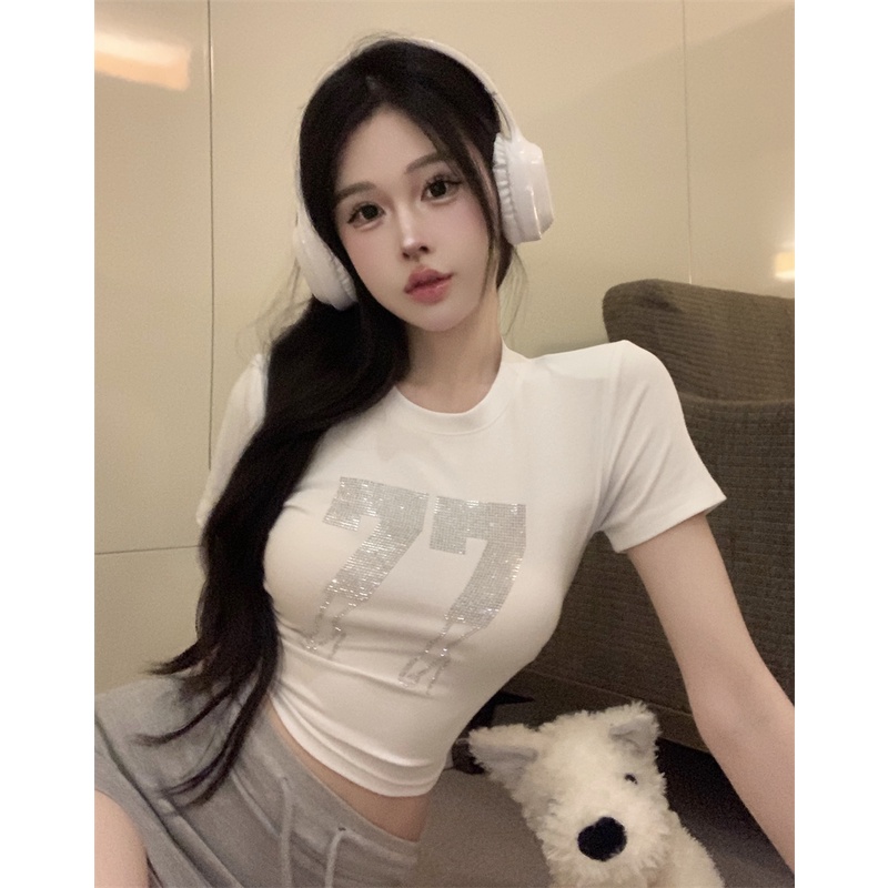 ❧#COD Suhao industri berat berlian lengan pendek T-shirt wanita musim panas keinginan murni huruf putih bahu depan ketat manis hot girl crop top pendek