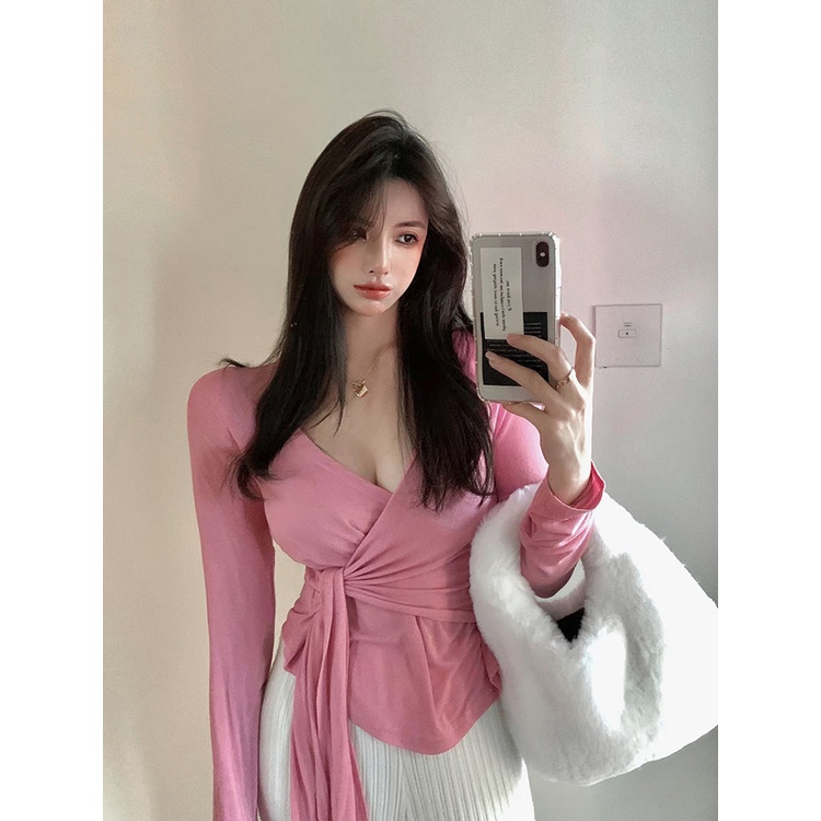 ✔▨☃#COD Suhao Pure Desir T-shirt Wanita Rasa Desain Niche Musim Semi Putih Hot Gadis V-Leher Seksi Ketat Ramping Lengan Panjang Kemeja Top