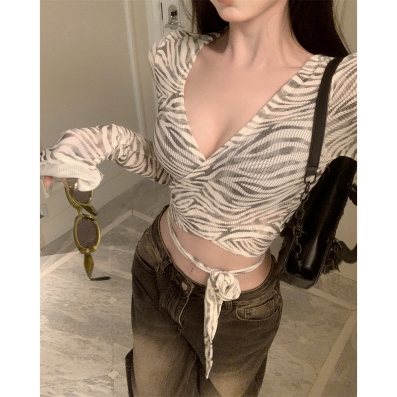 ✈✘✧#COD Suhao hot girl sexy v-neck lengan panjang T-shirt wanita musim panas pola zebra lintas tali ketat rasa desain ceruk atasan pendek