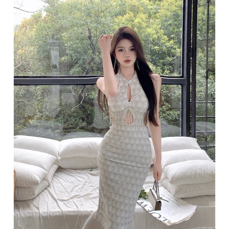 □ↂPutih industri berat rumbai halter leher gaun musim panas hot gadis seksi tas pinggul mid-panjang rok berongga desain rok