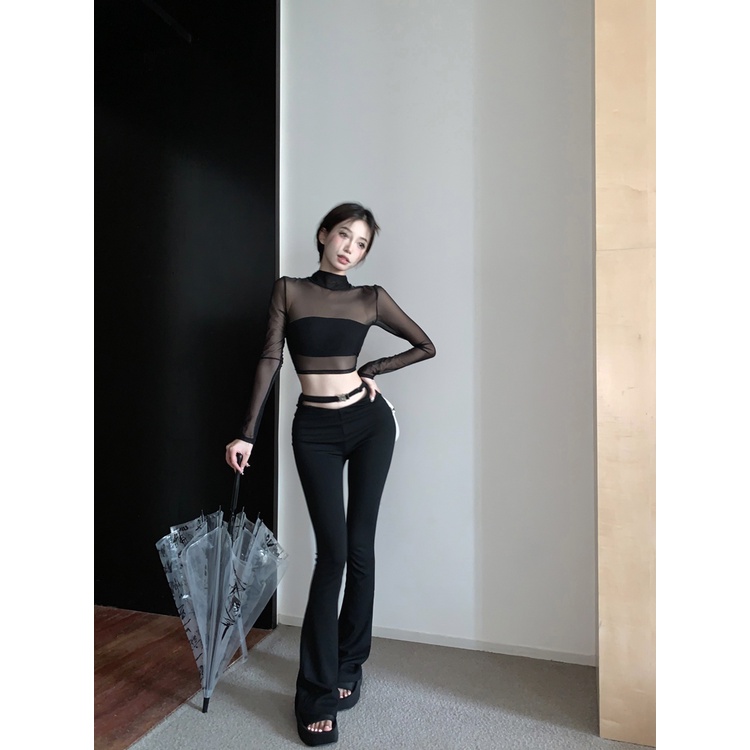 ♣#COD Suhao Pure Desired Mesh T-shirt Wanita Musim Panas Setengah Tinggi Kerah Hitam Hot Gadis Telanjang Seksi Slim Slim lengan Panjang Atasan Pendek