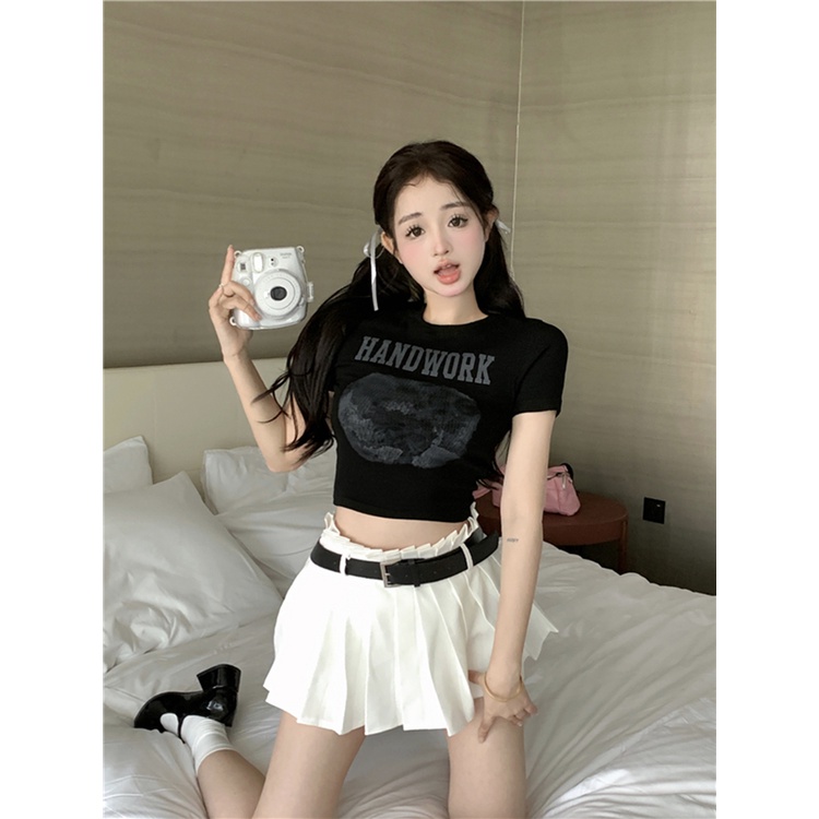 ∋#COD Suhao American letter printing T-shirt lengan pendek wanita musim panas desain sense niche slim slim short bottoming shirt top