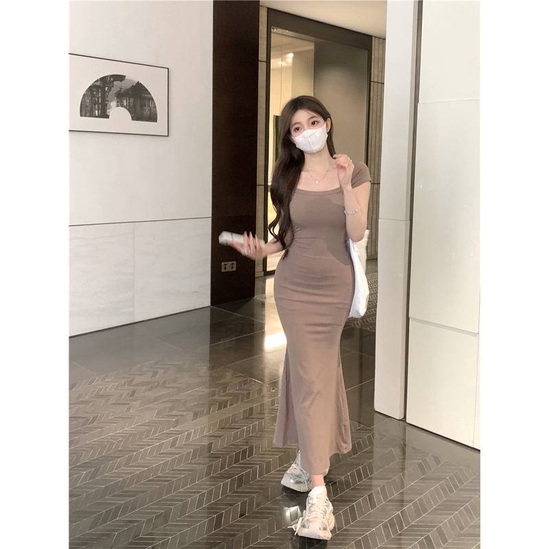 ¤™#COD Suhao Keinginan murni hot girl T-shirt dress wanita musim panas tas pinggul mid-panjang rok desain pinggang ramping rok putri duyung seksi