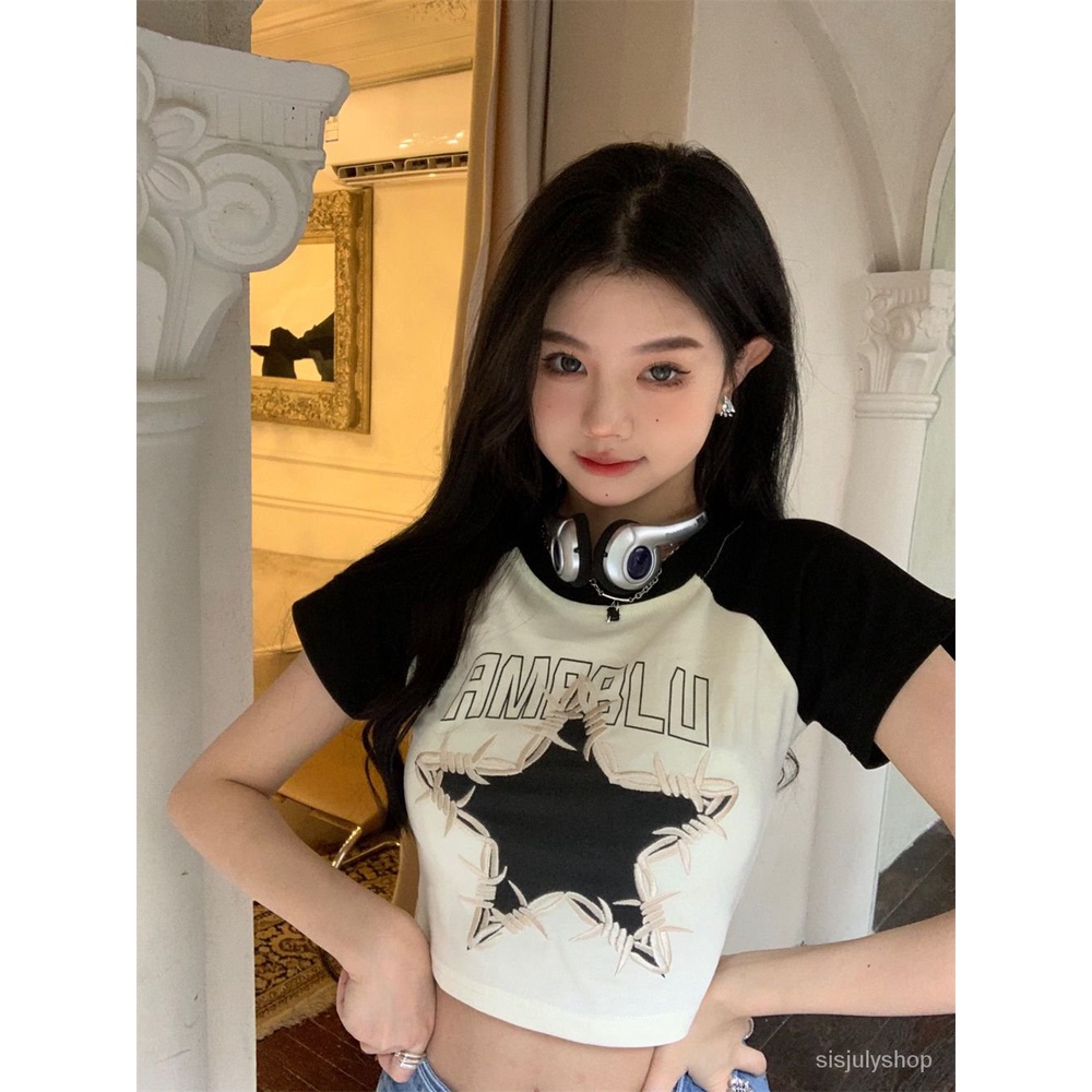 [✅BISA COD] #Sisjuly# Atasan Y2K wanita / bintang bentrokan vintage Amerika bersulam kaos lengan pen