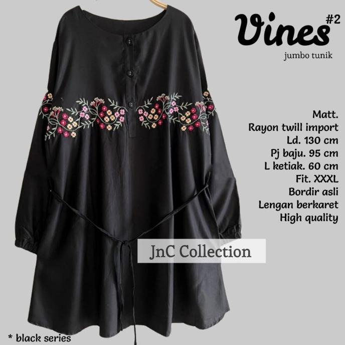 TUNIK JUMBO WANITA BORDIR BUNGA RAYON TWILL LD 130 BLACK SERIES- VINES
