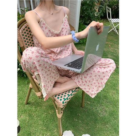 ▼∋∈stelan baju tidur wanita Xinbangbang Homedress sweet floral pajamas with chest pad suspenders female students trousers home service suit summer #COD baju tidur wanita bahan kaos