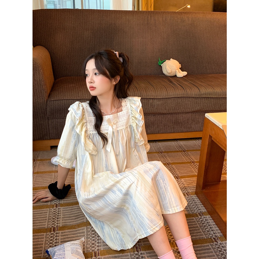 ◑stelan baju tidur wanita xinbangbang Homedress square neck ruffled pajamas ladies summer thin comfortable skin-friendly nightdress home service #COD baju tidur wanita bahan kaos