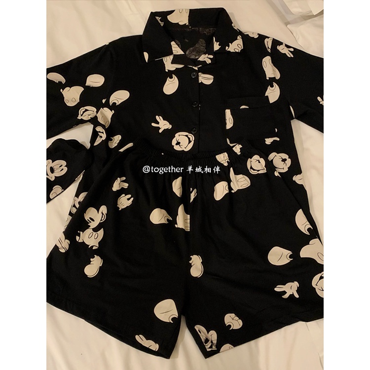 ▤stelan baju tidur wanita ins wind Korean Disney black Mickey pajamas female summer cotton cute short-sleeve thin section home service set #COD baju tidur wanita bahan kaos