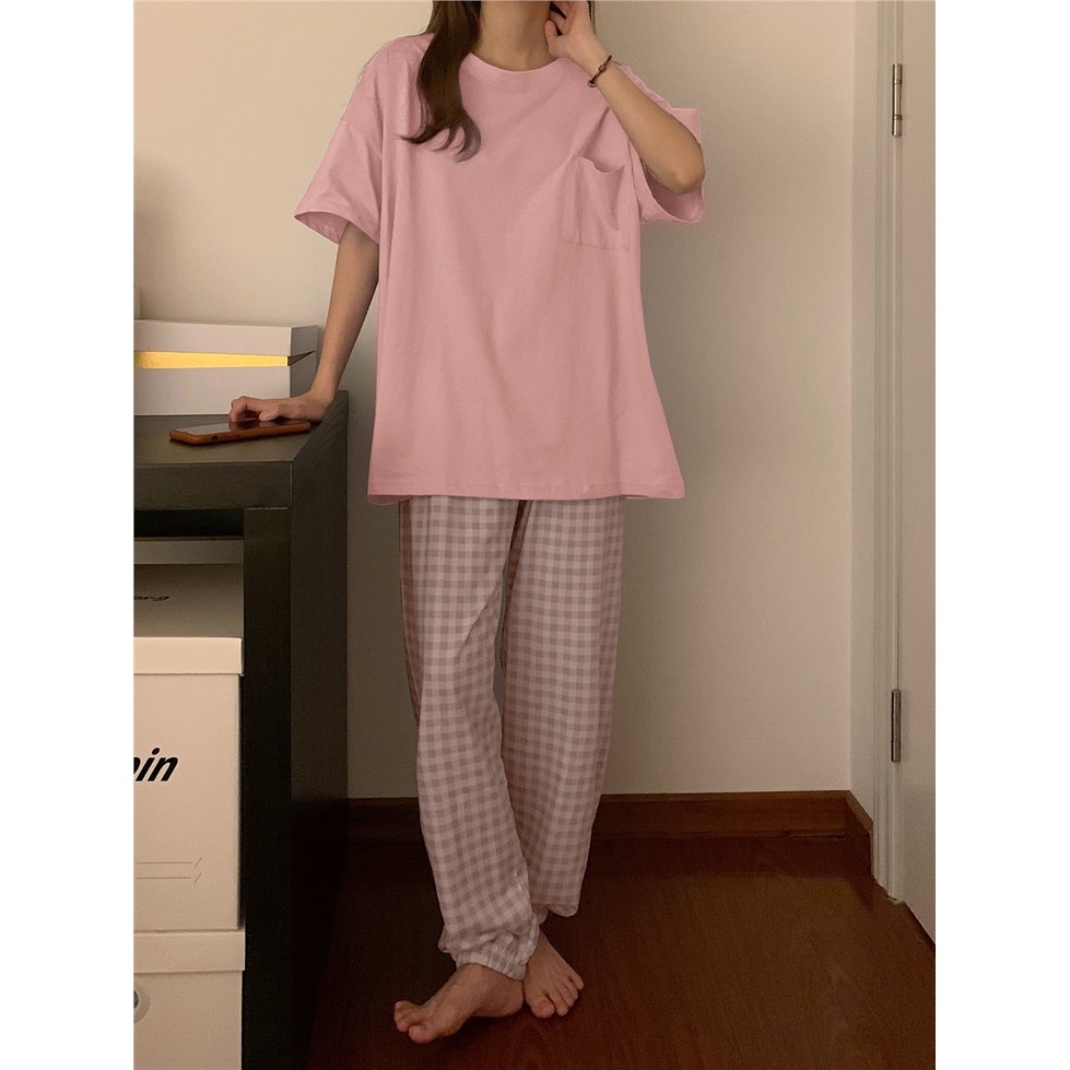 ✕stelan baju tidur wanita Korean ins style Hyuna pajamas women s summer short-sleeved cotton net red spring and autumn trousers can be used outside home service suit #COD baju tidur wanita bahan kaos