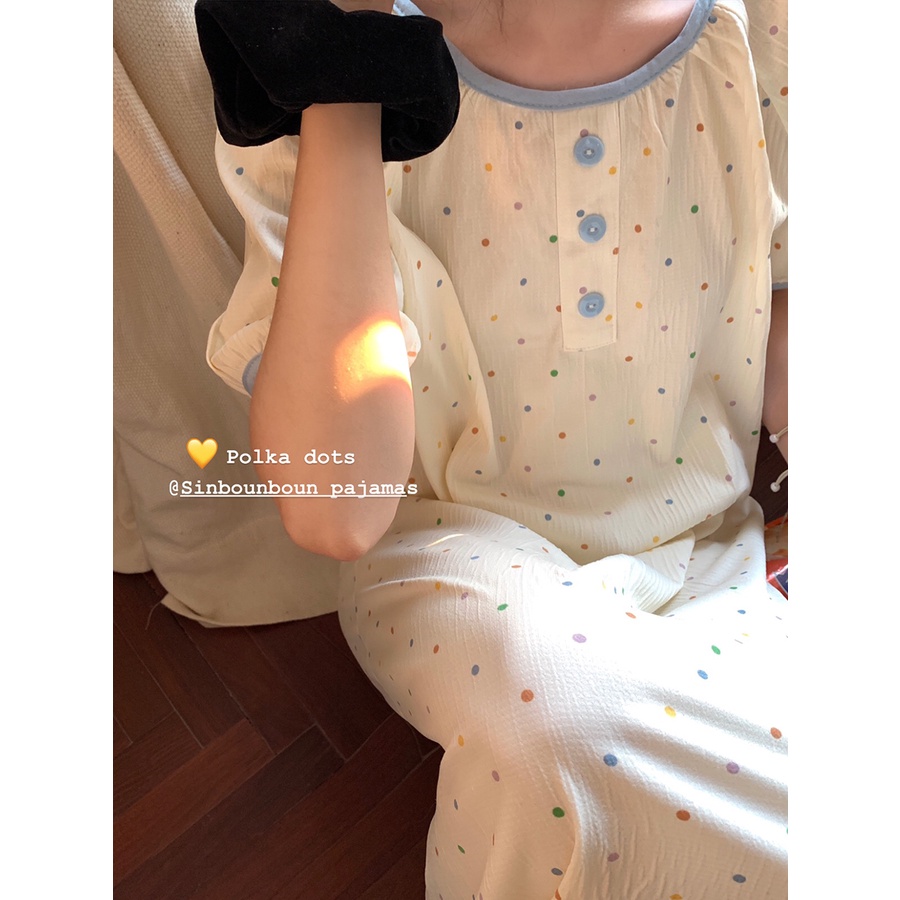 ஐ►✙stelan baju tidur wanita Xinbangbang Homedress Contrasting Color Polka Dot Cute Nightdress Short Sleeve Breathable Texture Home Dress Pyjamas Women Summer #COD baju tidur wanita bahan kaos