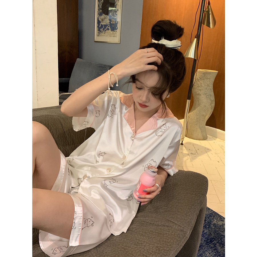 ∈stelan baju tidur wanita Xinbangbang Homedress summer cartoon satin comfort cool feeling pajamas set soft skin-friendly home service women #COD baju tidur wanita bahan kaos