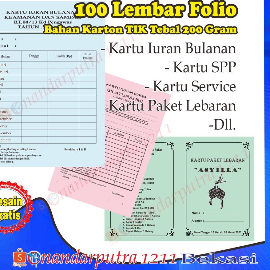 

Discount | HJ6 | (100 Lembar Folio)Cetak Kartu Iuran/ Kartu SPP/Kartu Infaq/Kartu paket lebaran Custom