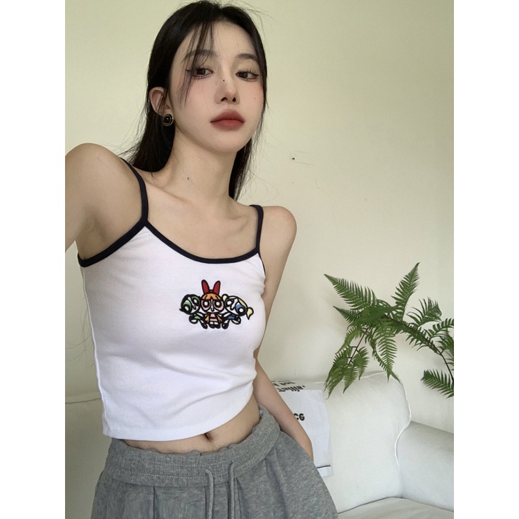 ▪✁☌Suhao American Retro Dicetak Putih Rompi BM Selempang Kecil Wanita Musim Panas Slim Fit Pendek Katun Kemeja Top Crop Top seksi Tank Top Wanita Motif